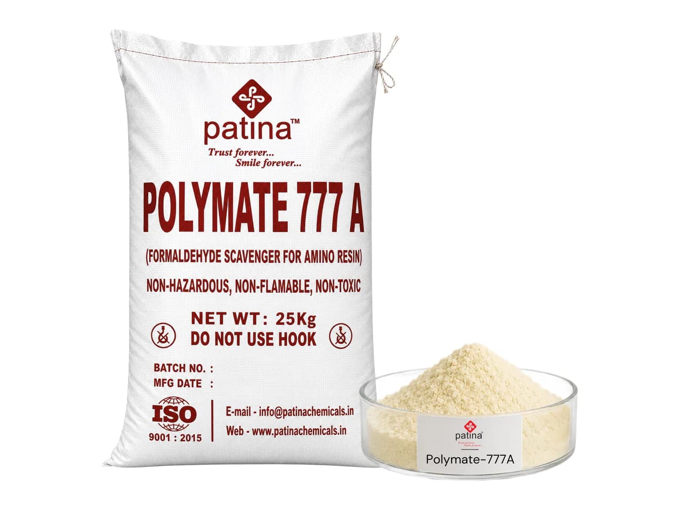 A 25 kg sack of Polymate-777A beside a dish of the pale yellow powder