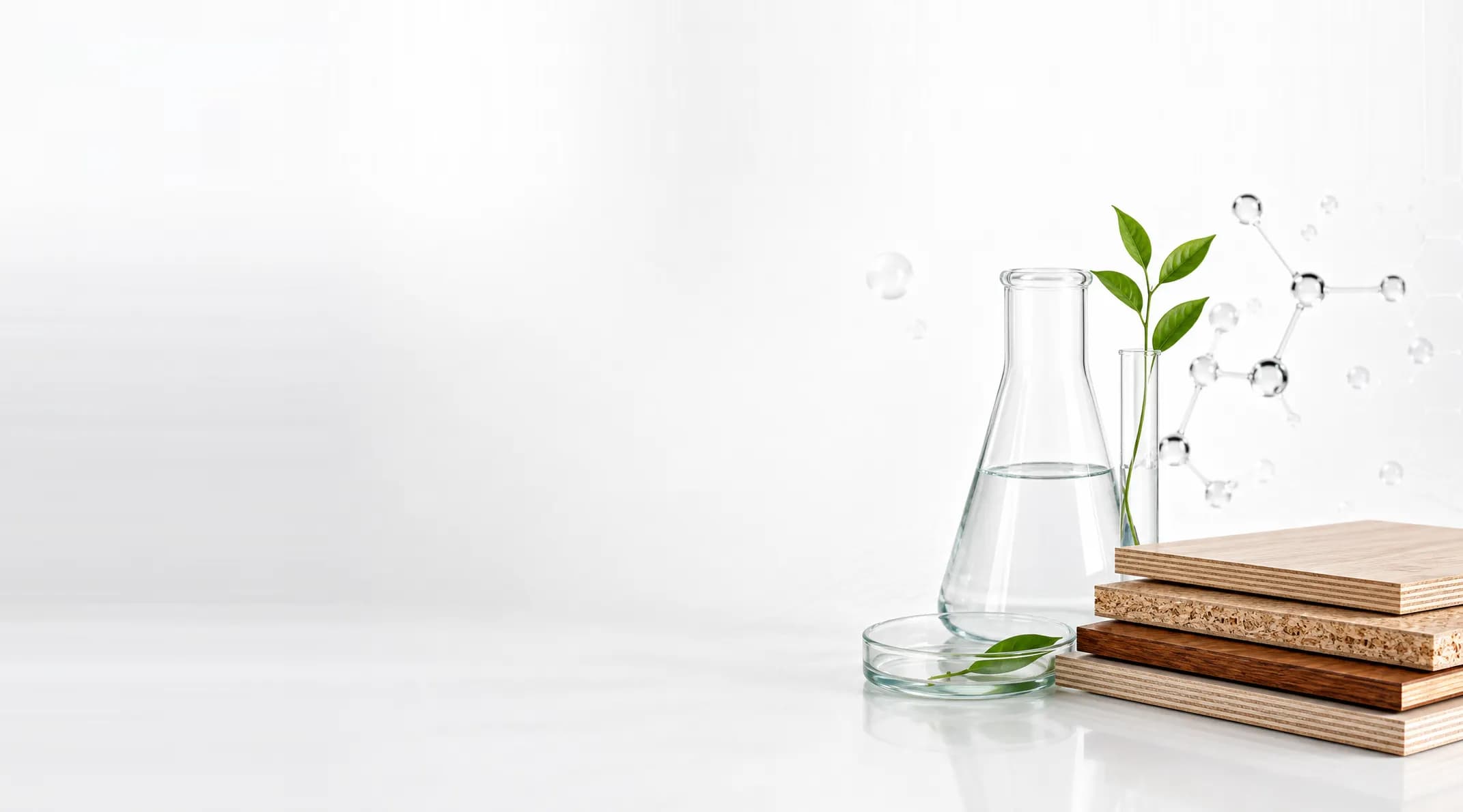 A conical flask and a test tube holding a green shoot, next to a stack of plywood and composite panels