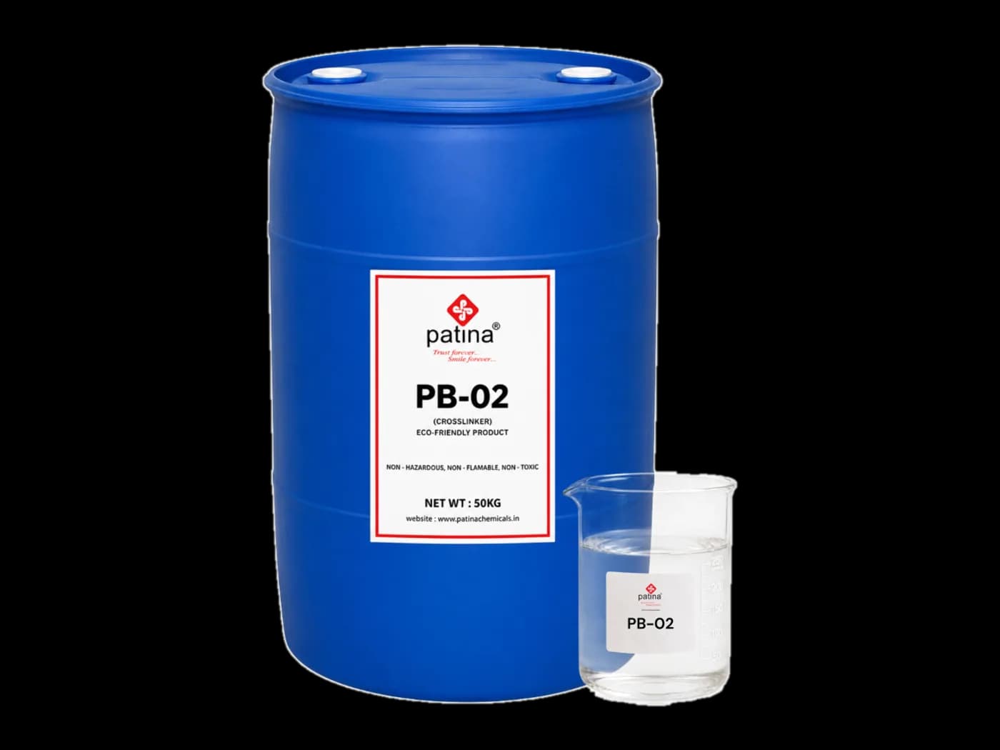 A 50 kg drum of Patina PB-02 crosslinker beside a beaker of the clear colourless liquid