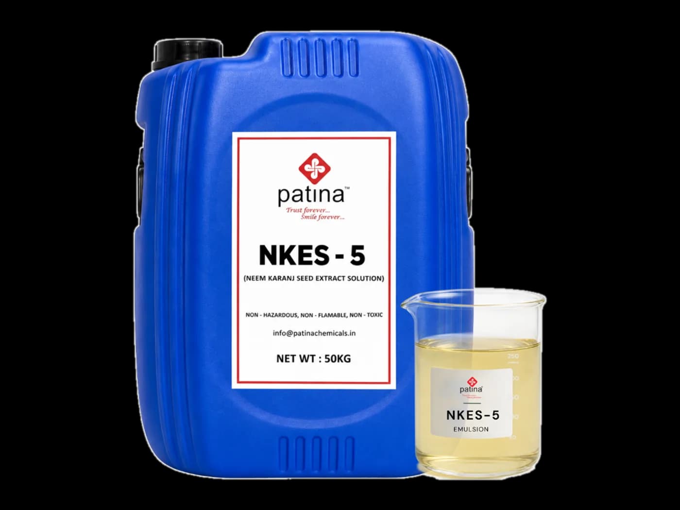 A 50 kg drum of NKES-5 neem and karanj seed emulsion beside a beaker of the pale yellow liquid