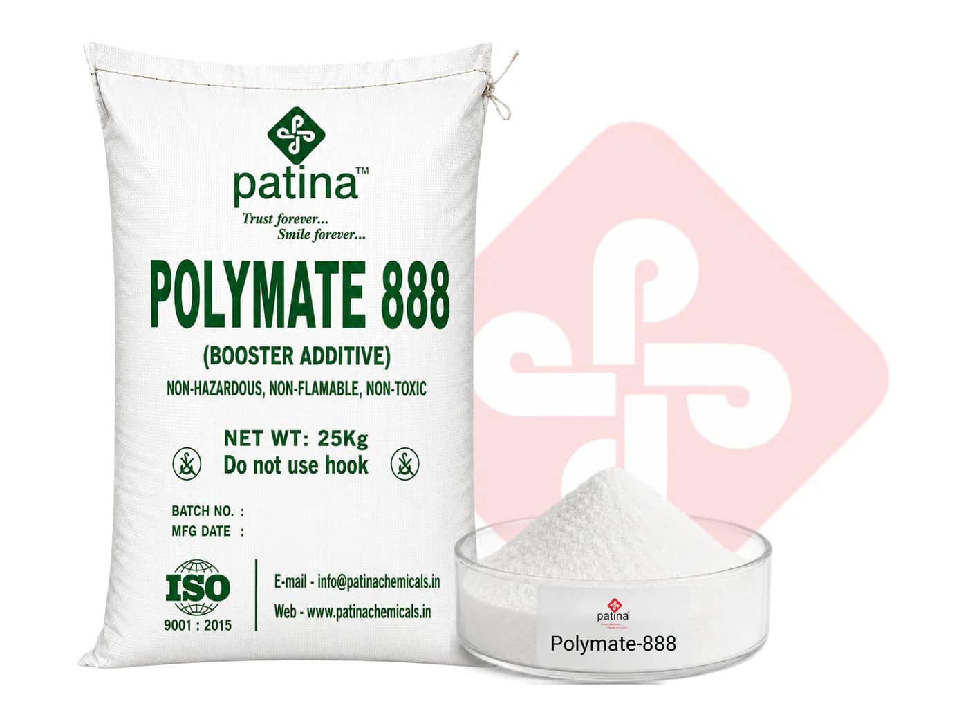 A 25 kg sack of Polymate-888 resin booster beside a dish of the fine white powder