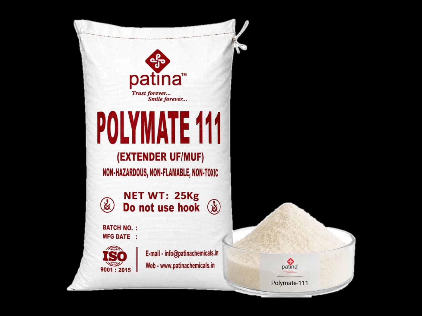 A 25 kg sack of Polymate-111 extender beside a dish of the off-white powder