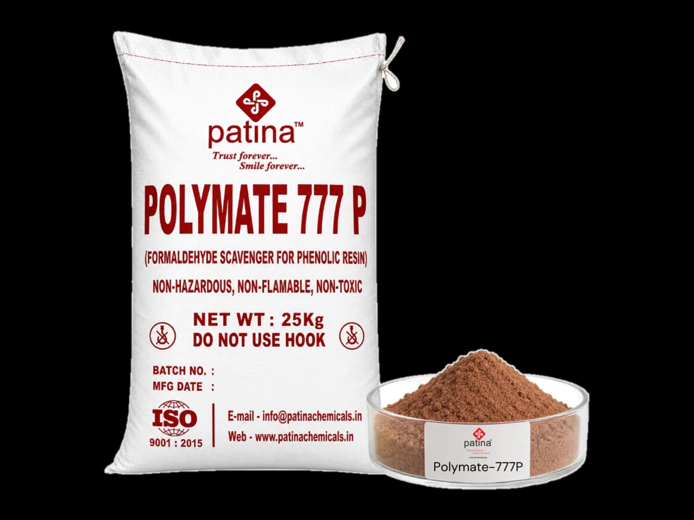 A 25 kg sack of Polymate-777P beside a dish of the reddish-brown powder
