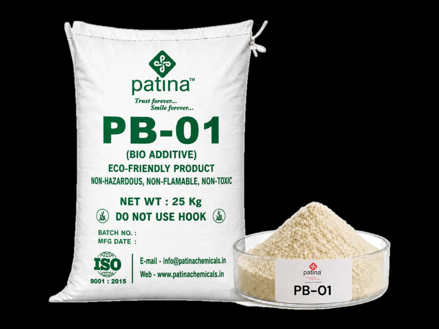 A 25 kg sack of Patina PB-01 bio additive beside a dish of the pale cream powder