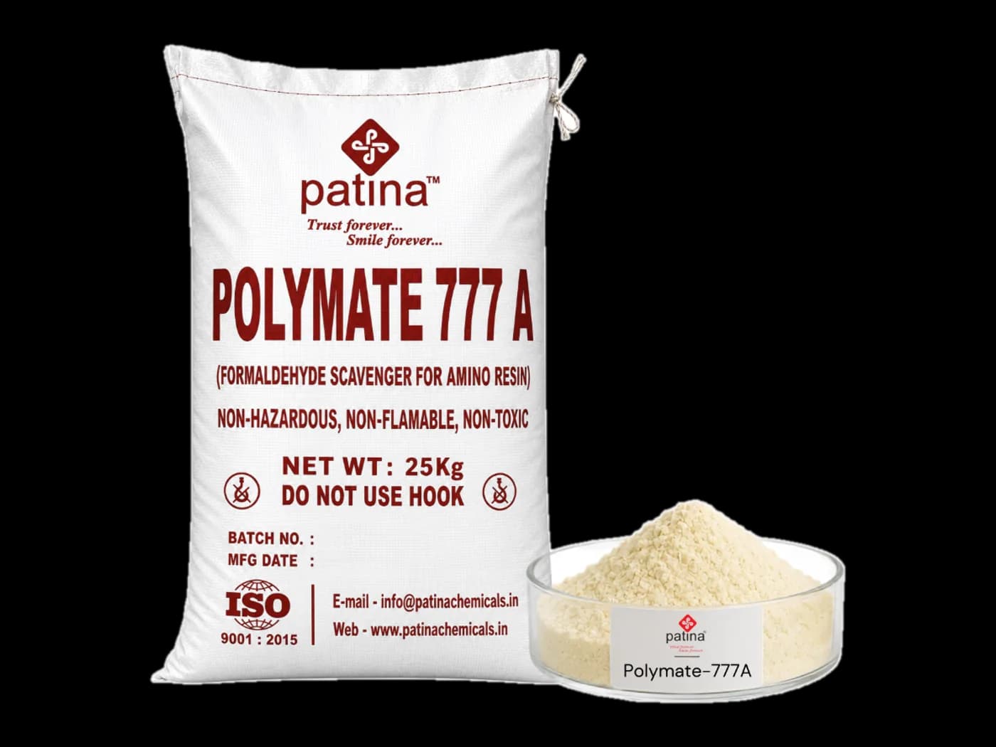 A 25 kg sack of Polymate-777A beside a dish of the pale yellow powder