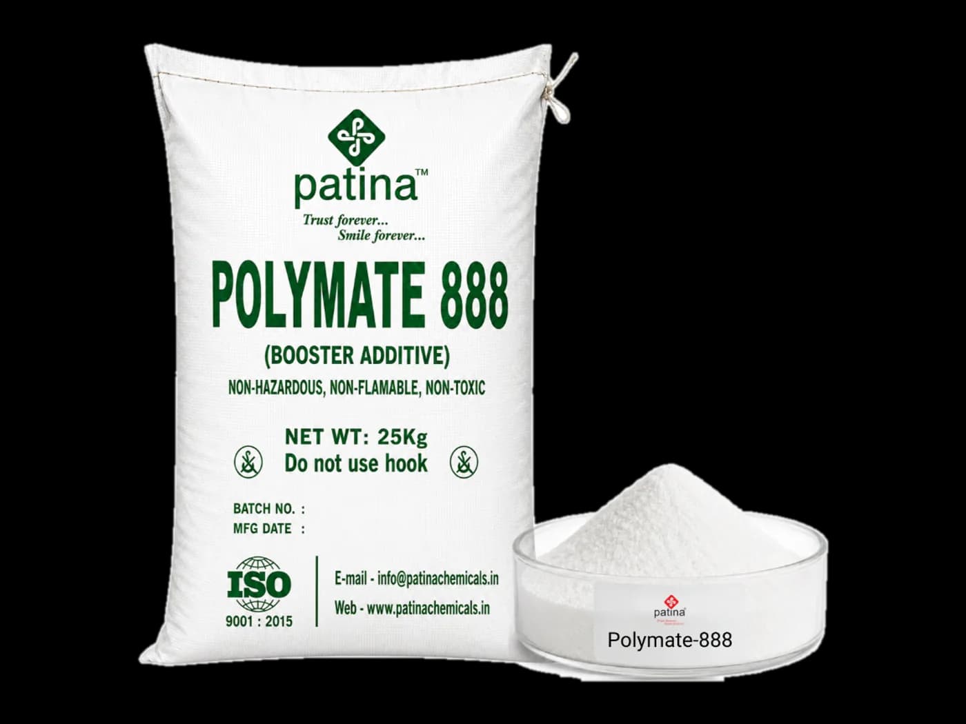 A 25 kg sack of Polymate-888 resin booster beside a dish of the fine white powder