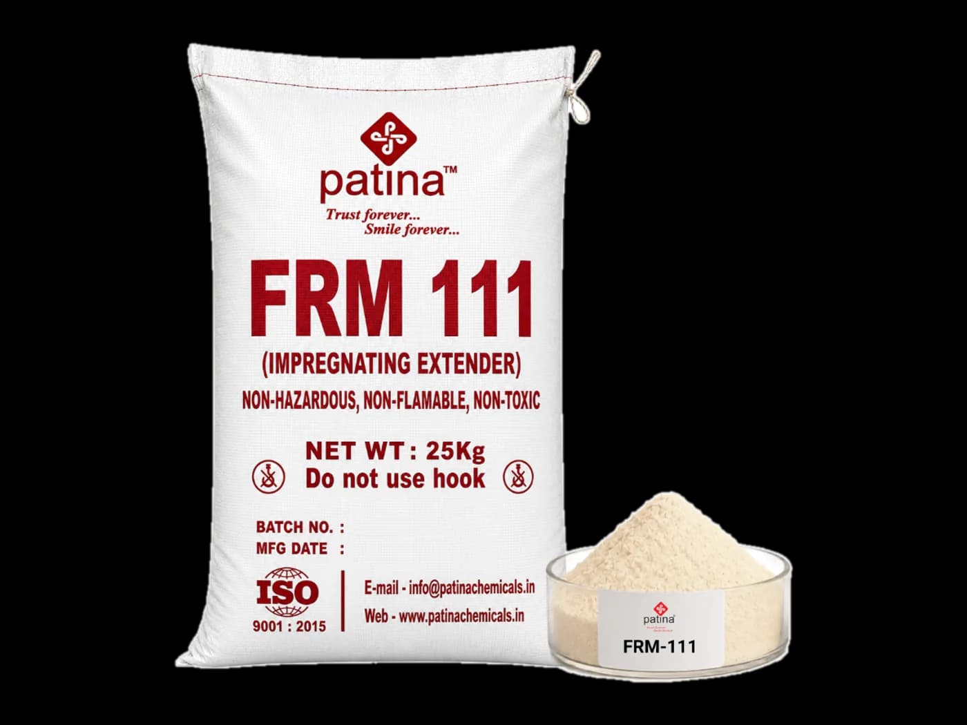 A 25 kg sack of FRM-111 core-dipping fire retardant beside a dish of the powder