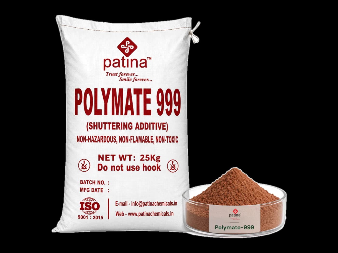 A 25 kg sack of Polymate-999 shuttering additive beside a dish of the reddish-brown powder