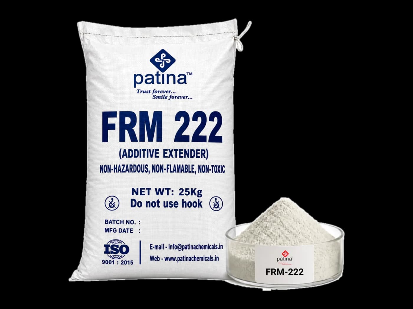 A 25 kg sack of FRM-222 fire retardant additive beside a dish of the powder