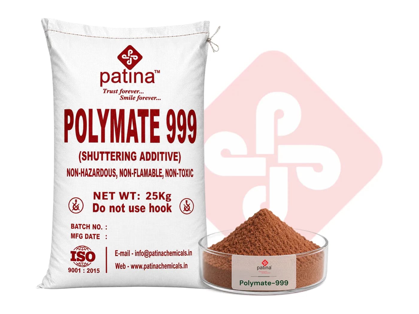 A 25 kg sack of Polymate-999 shuttering additive beside a dish of the reddish-brown powder