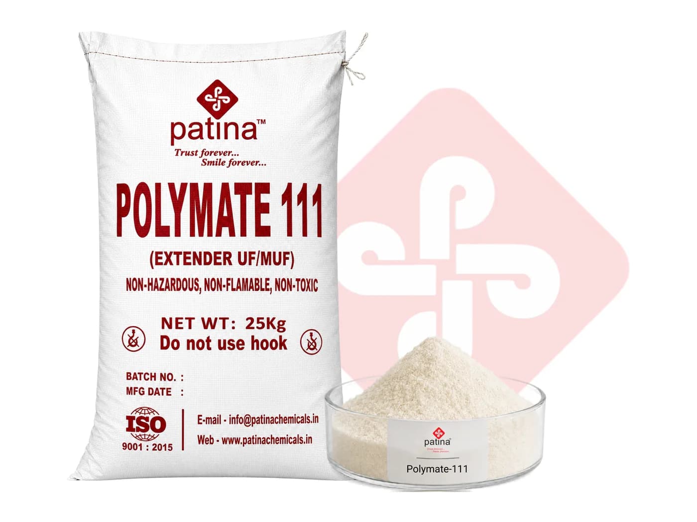 A 25 kg sack of Polymate-111 extender beside a dish of the off-white powder