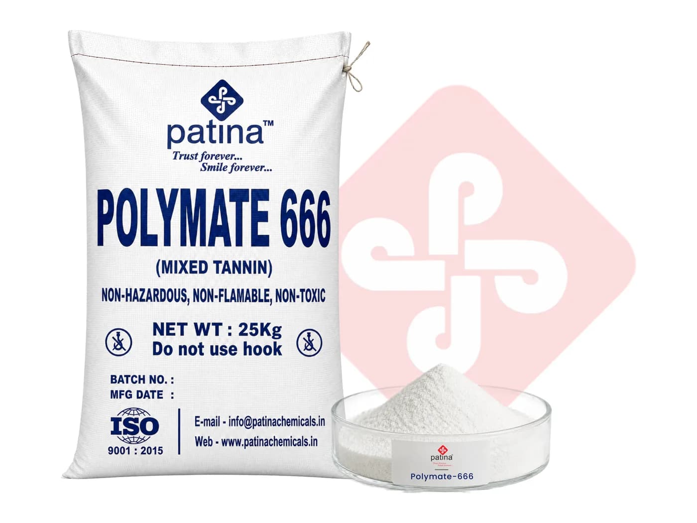 A 25 kg sack of Polymate-666 mixed tannin beside a dish of the fine white powder