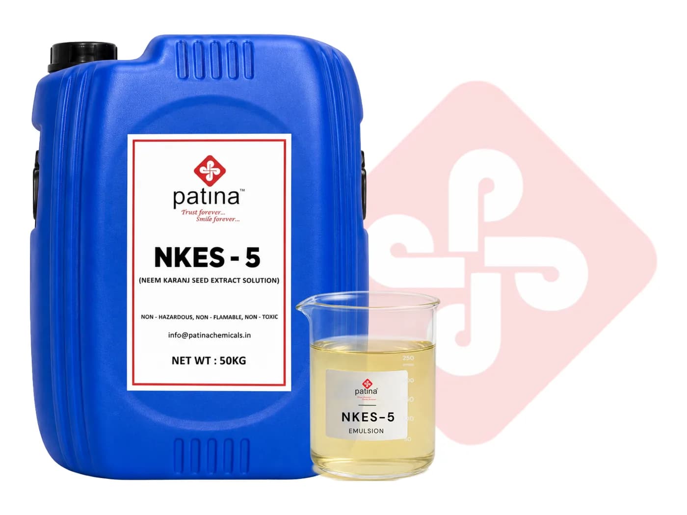 A 50 kg drum of NKES-5 neem and karanj seed emulsion beside a beaker of the pale yellow liquid