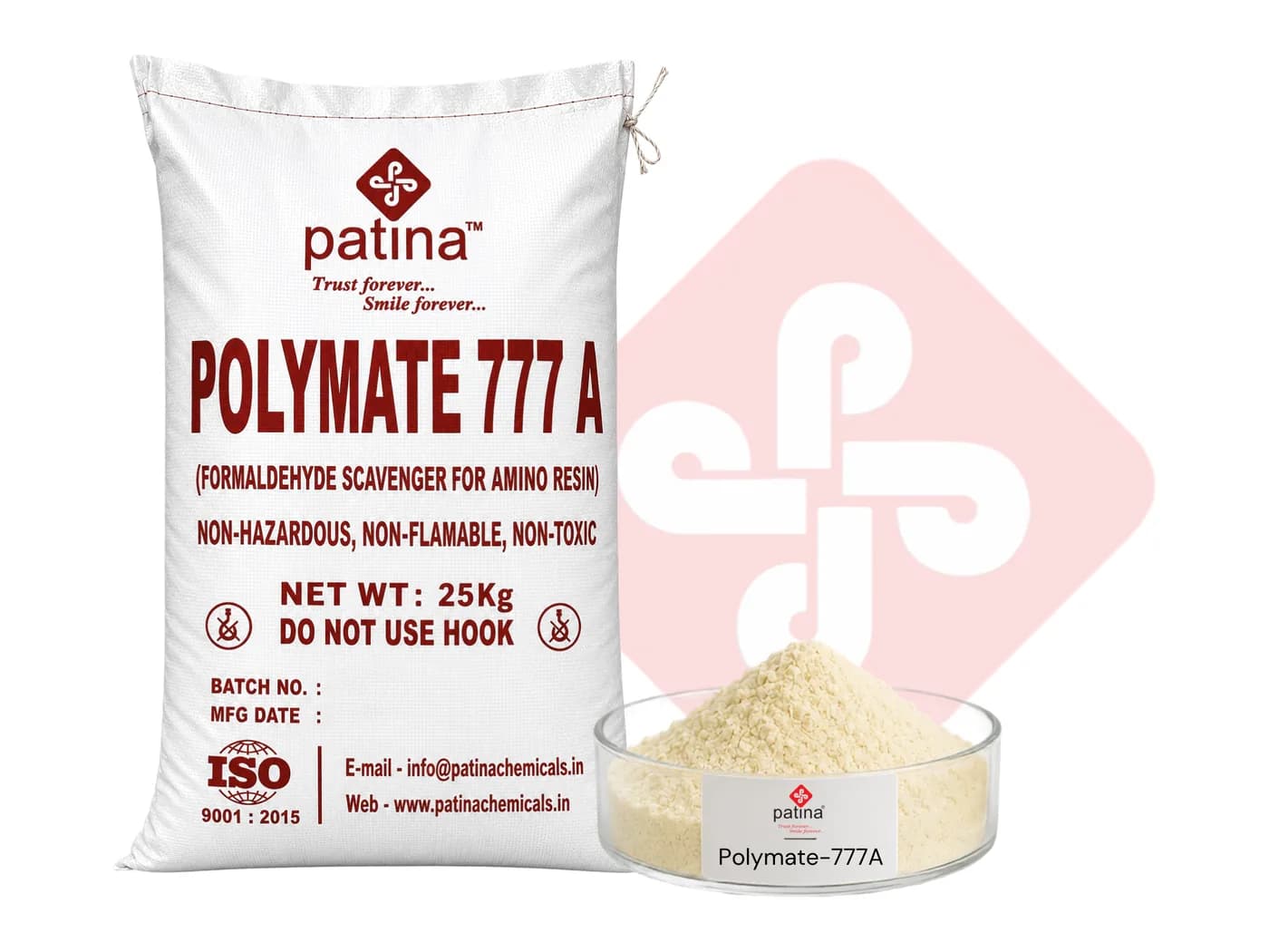 A 25 kg sack of Polymate-777A beside a dish of the pale yellow powder