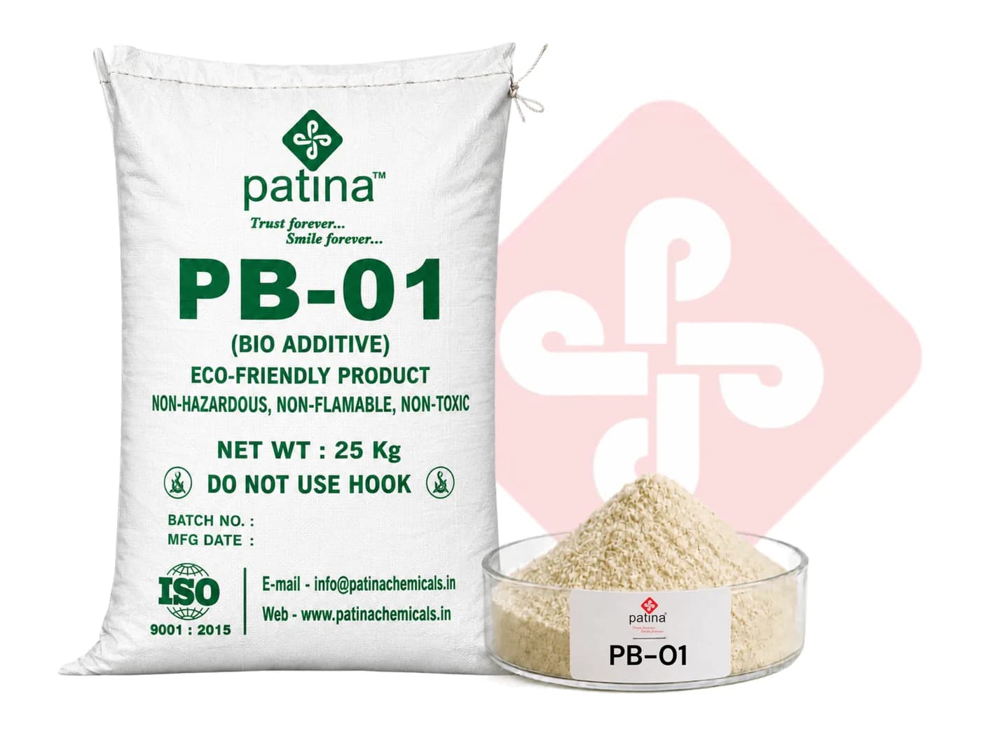 A 25 kg sack of Patina PB-01 bio additive beside a dish of the pale cream powder