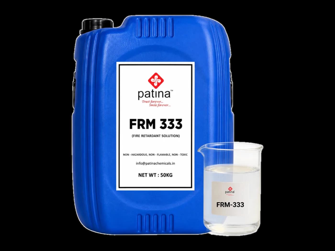 A 50 kg drum of FRM-333 fire retardant solution beside a beaker of the pale straw liquid