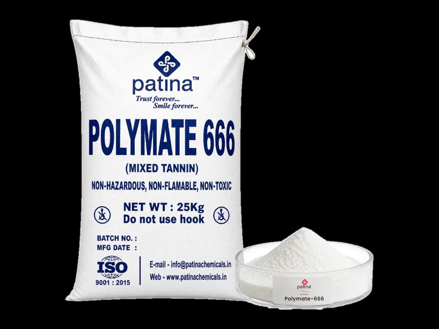 A 25 kg sack of Polymate-666 mixed tannin beside a dish of the fine white powder